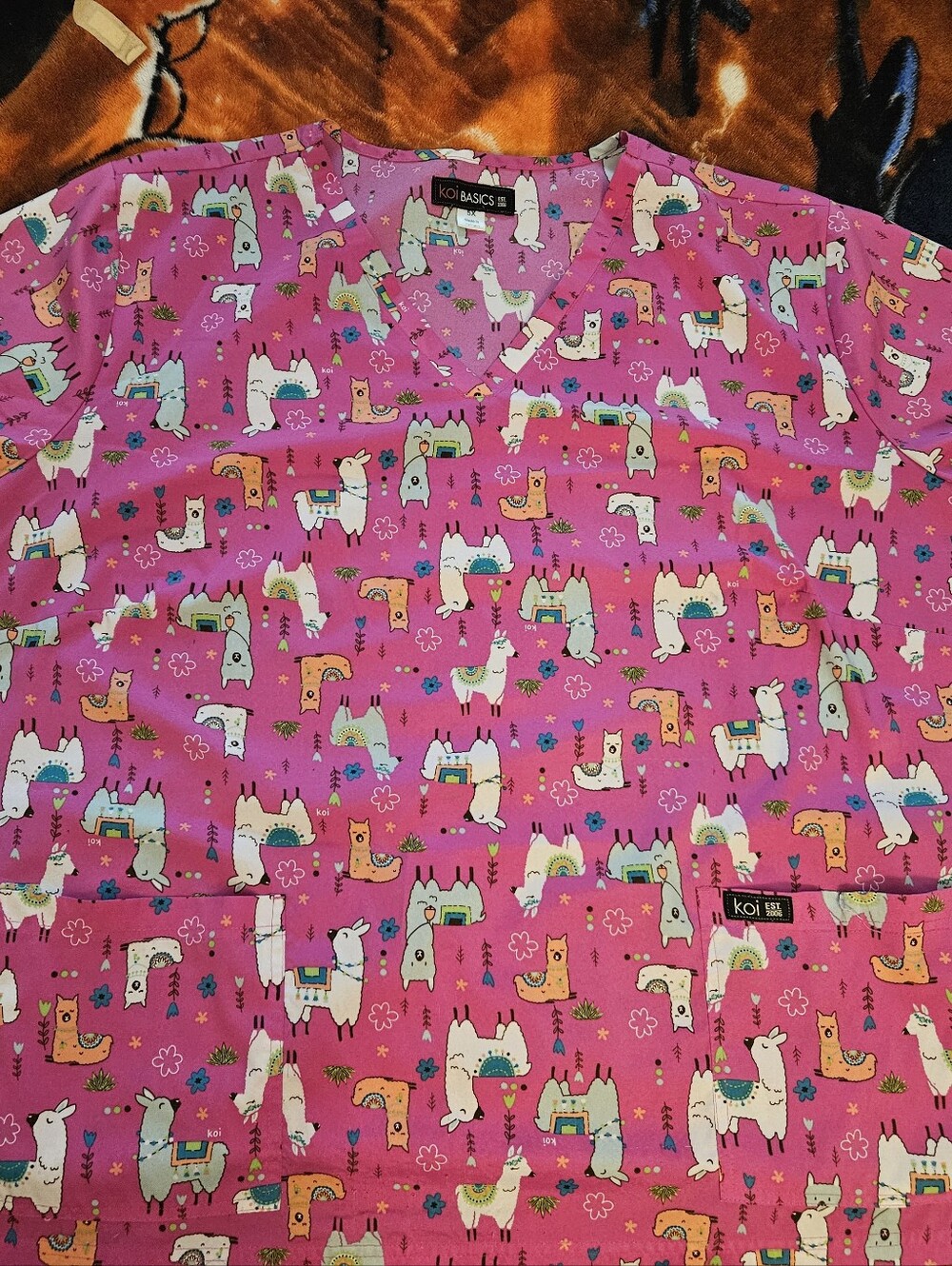koi Bright Pink Llama Print Medical Scrub Top